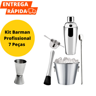 Kit Barman Profissional De Inox 7 Peças Com Um Coador De 4 Apoios E Um Balde Gelo 900 ml E Um Duplo Dosador E Um Dosador E Uma Colher E Um Socador E Uma Coqueteleira 750 ml Para Restaurantes Bares Cozinha