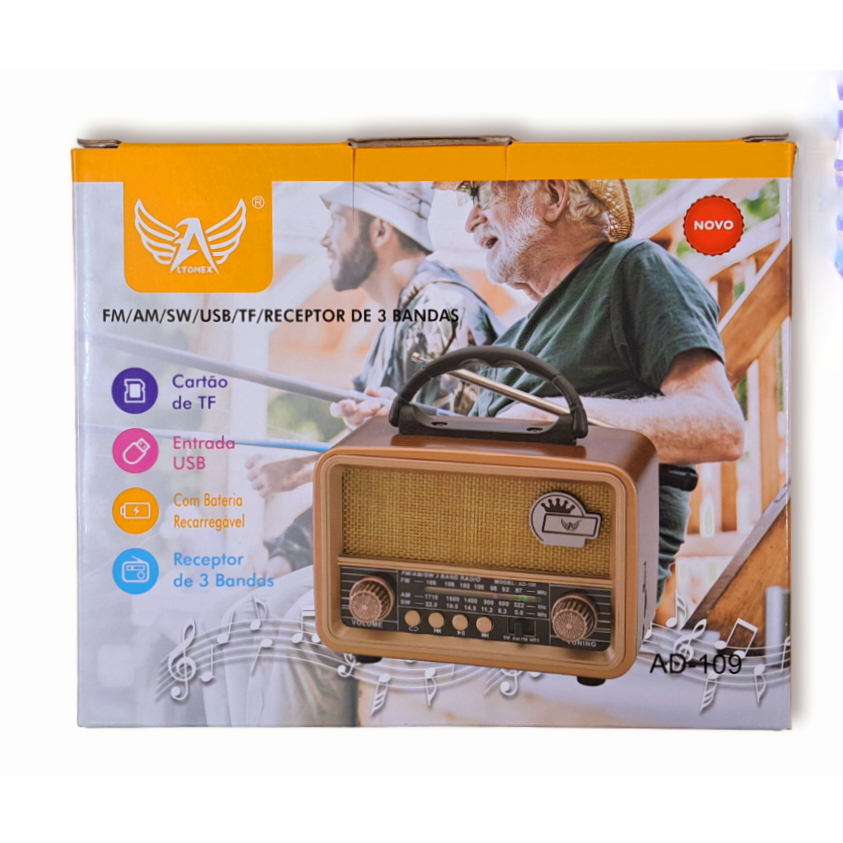Rádio Retro Vintage Am Fm Sw Usb Recarregavel Aux Sd Pilhas ALTOMEX AD-109