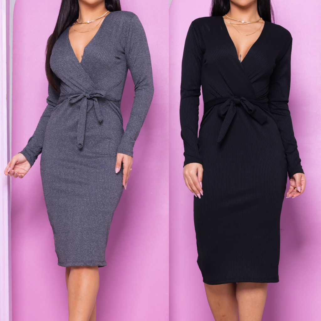 Vestido Canelado Manga Longa Decote V Feminino Evangelico Festa Casual