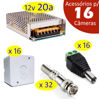 Kit Cftv 16 Cameras Acessórios Bnc P4 Fonte 12v 20a Caixa Organizadora cftv