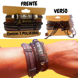 Pulseira Bracelete Couro Kit om 3 Masculino