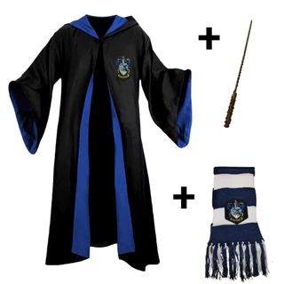 Fantasia Harry Potter Capa + Cachecol + Varinha - Corvinal - Grifinória - Sonserina - Lufa Lufa