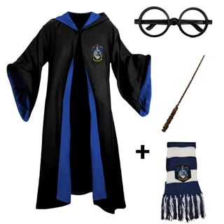 Fantasia Harry Potter Capa + Cachecol + Varinha + Óculos - Corvinal - Grifinória - Sonserina - Lufa Lufa
