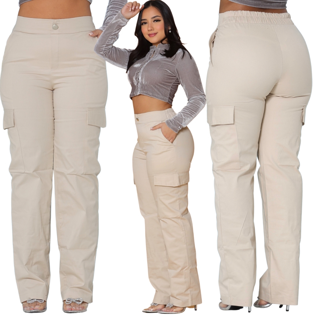 Calça Cargo Tipo Jeans Feminina Street Skate Pantalona Larga Bolso ...