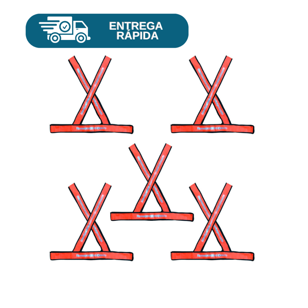 Kit 5 Colete De Sinalização Refletivo PVC Tipo X Segurança Para Obras Motoqueiros