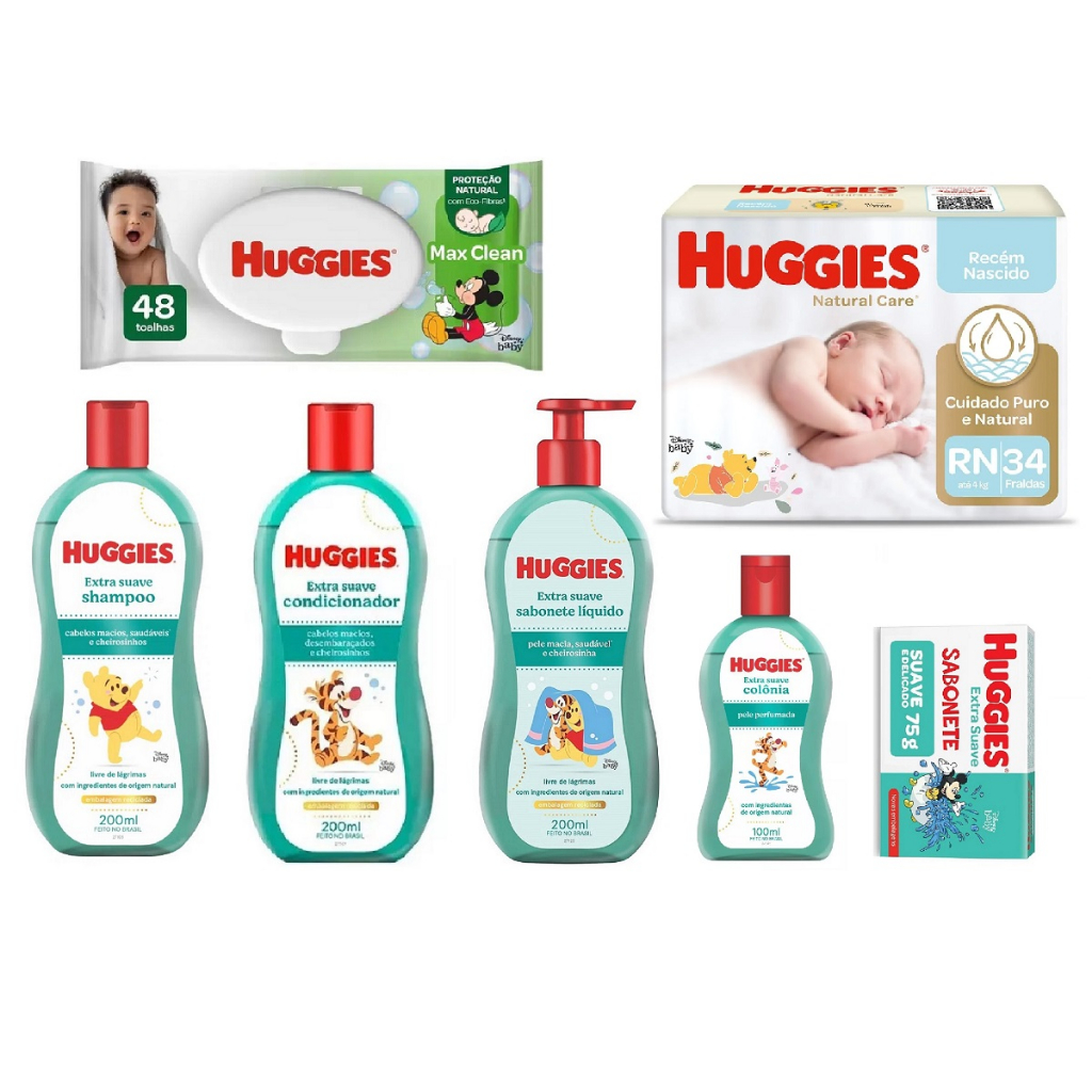 Kit Huggies Higiene Infantil Extra Suave Livre De Lágrimas Com Fralda E Lenço 7 Itens