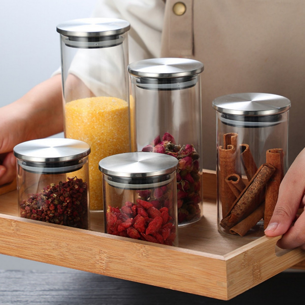 Pote De Vidro para Aço inoxidável com Tampa de inox 550ml 750ml 950ml 1350ml LZ-3