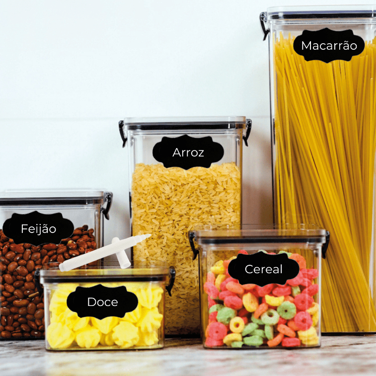 Potes Herméticos Plástico com Vedação para Dispensa Organiza Alimentos 5 Peças + Caneta Etiqueta