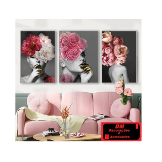 Quadros Decorativos Trio Mulheres Flores Na Cabeça Moderno Para Salão de Beleza 120x60 cm