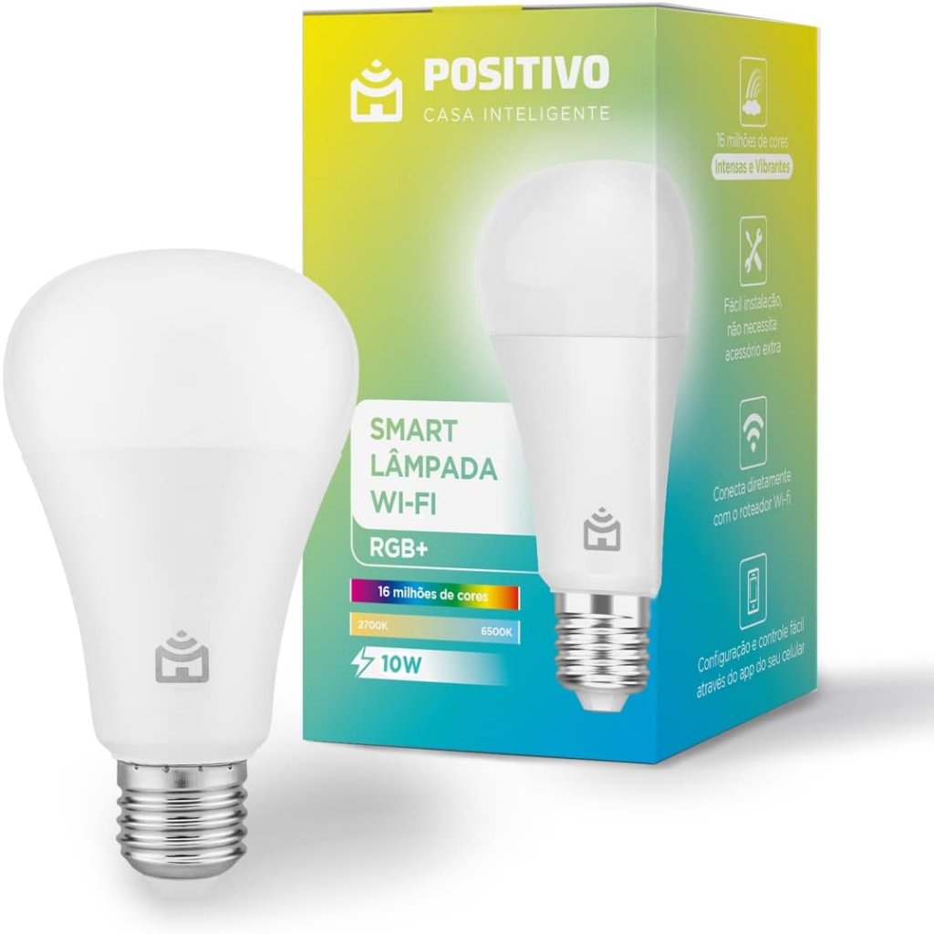 Smart Lâmpada Wi-Fi RGB+ 10W - Positivo Casa Inteligente, Cores Mais Vibrantes (RGB até 16 milhões de combinações), Branco Quente e Frio, 1100 Lúmens, LED 10W, Bivolt Compatível c/Alexa e Google Assistente