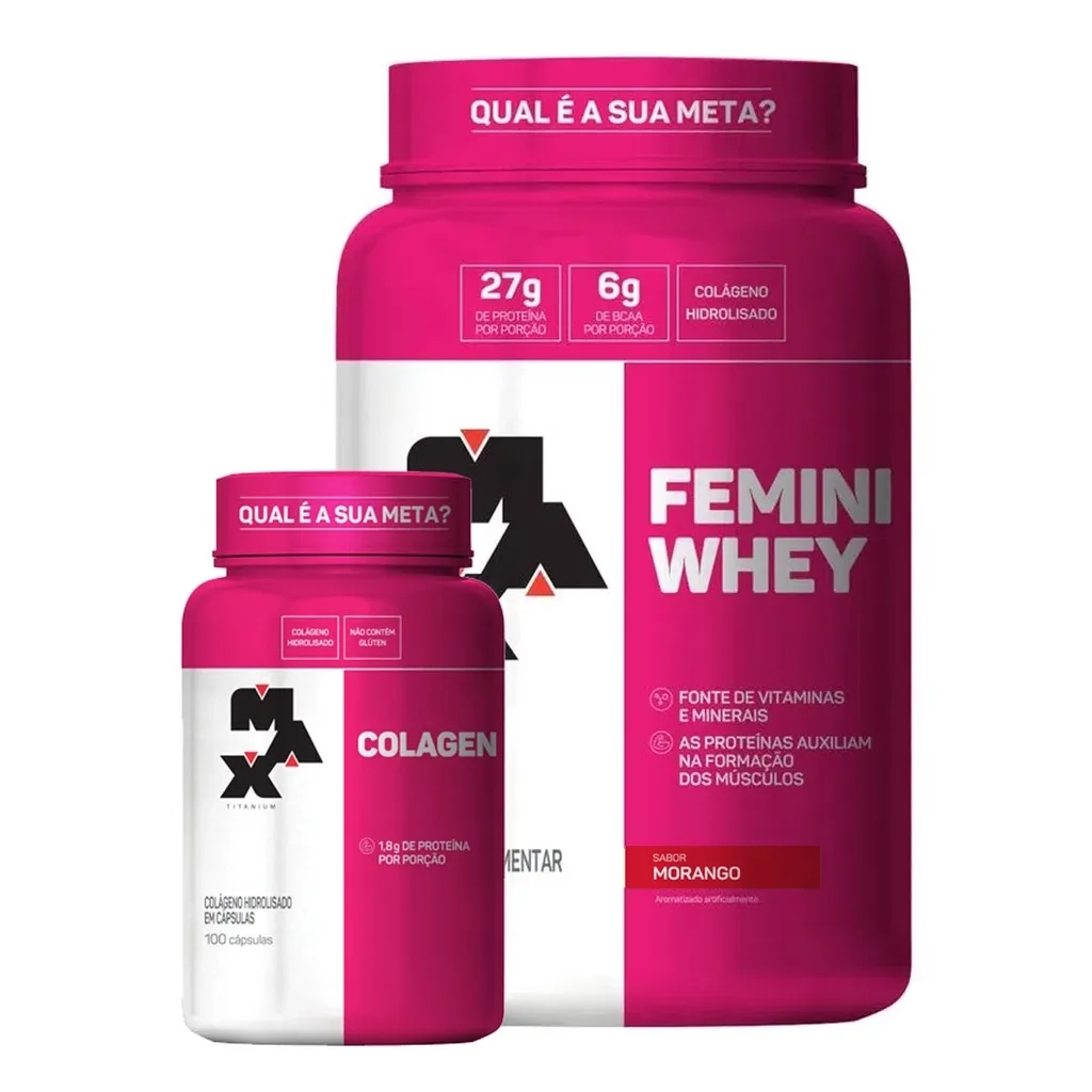 Kit Colágeno Colagen 100 Caps + Whey Feminino Femini 600g Sabor Morango – Max Titanium