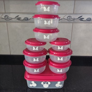 Kit 10 peças redondo transparente adesivado Mickey e Minnie tampa vermelha