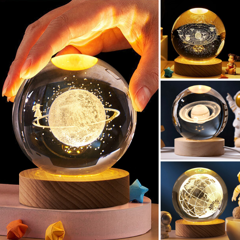 Luminária Led de Mesa Bola de Cristal Vidro 3d Base Madeira Decoração Enfeite Leitura Presente