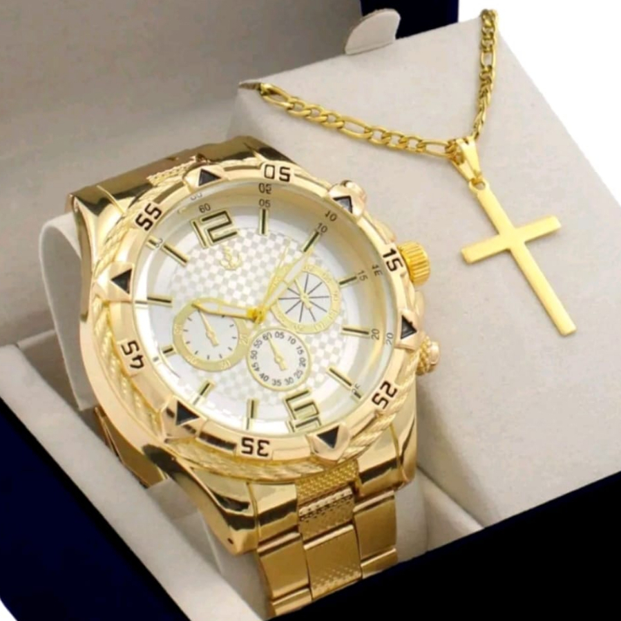 Relogio Masculino Dourado Banhado a Ouro 18k + Corrente Cruz | Shopee ...