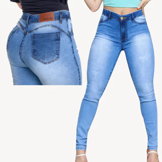 Calças Cintura Alta Jeans Feminina Com Elastano
