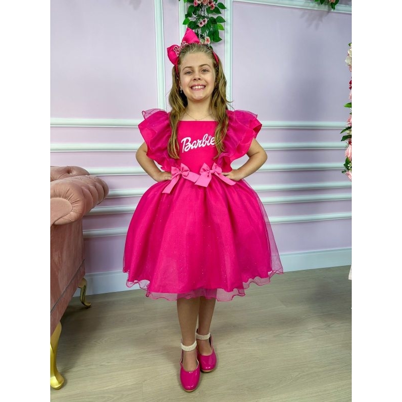 Vestido infantil Barbie Pink Babados Glitter Brilho luxo