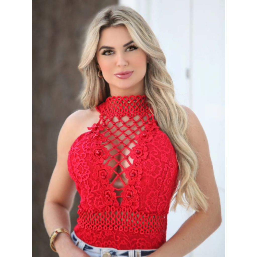 Body Bore Blusa Feminina Renda Guipir Gola Alta Perolado | Shopee Brasil
