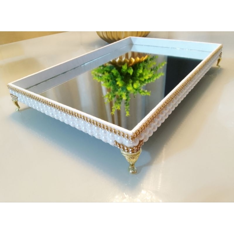 Bandeja Espelhada Decorativa Strass Original Com Pérola Branca Luxo Lavabo Banheiro Sala Prateleira