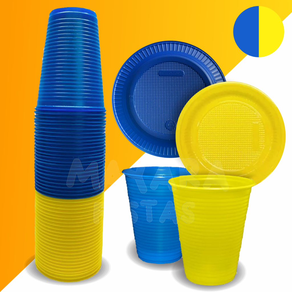 Kit Prato e Copo Descartável Azul e Amarelo - 70 Peças | Shopee Brasil