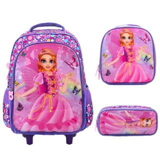 Kit Mochila Escolar Infantil de Rodinhas Menina Bolsa Resistente Impermeável Com Lancheira e Estojo