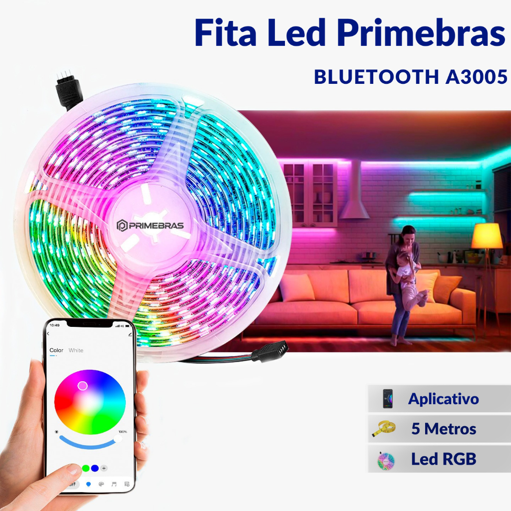 Fita LED Colorida RGB Bluetooth Com Controle por Aplicativo 5 metros Rolo