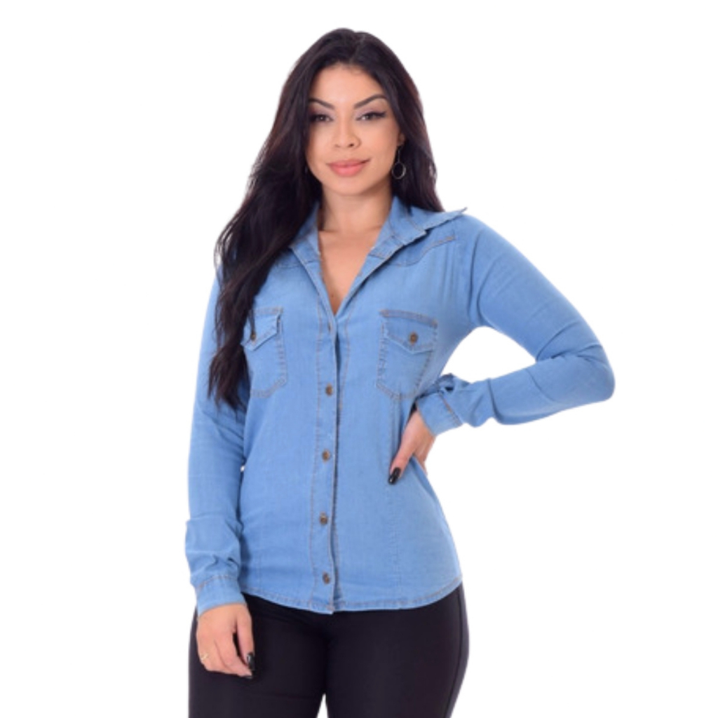 Camisa Jeans Clara Feminina Modelo Importado Linda Jeans | Shopee Brasil