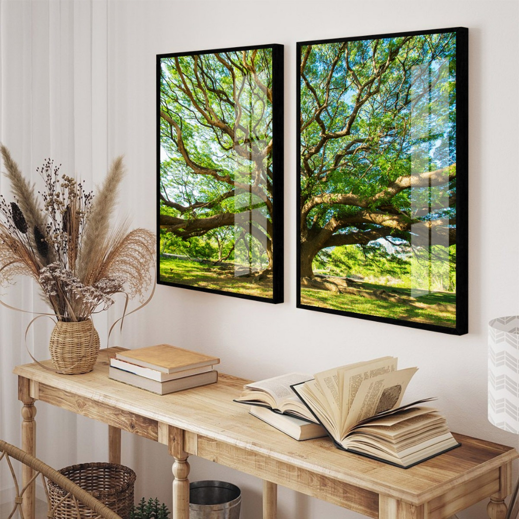 Kit 2 Quadros Árvore Paisagem Moldura e Vidro Sala Quarto Decoração