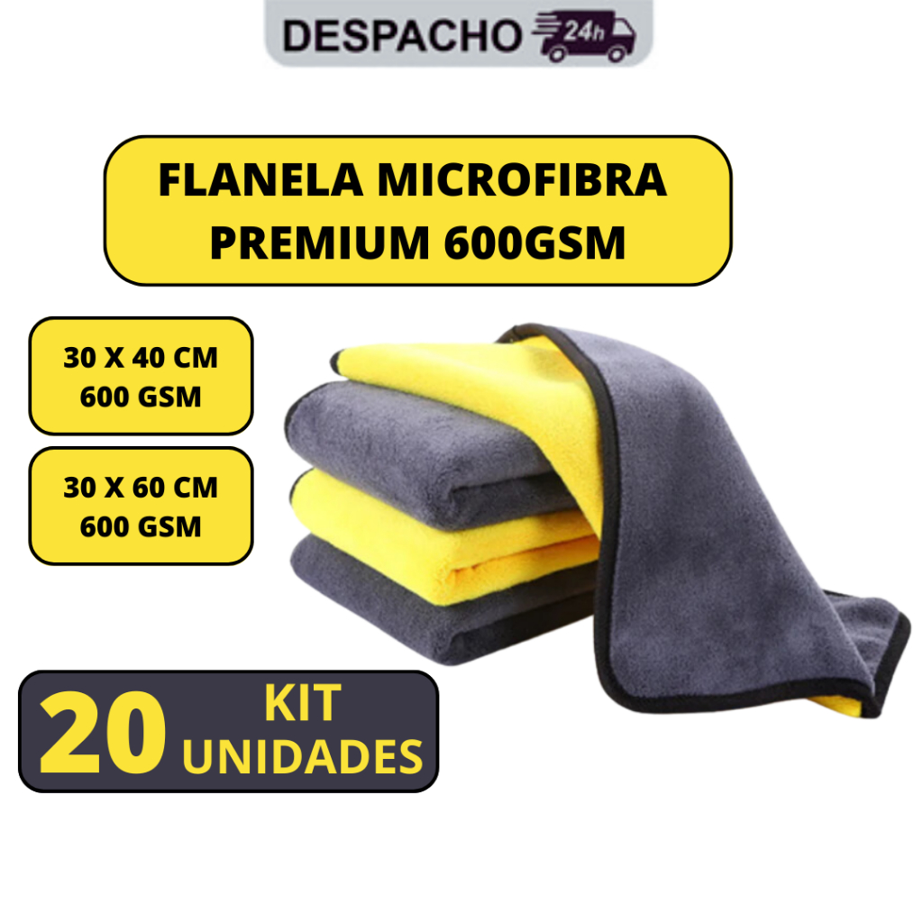 Kit 20 Pano Flanela Microfibra Automotiva 600GSM Premium Para Lavagem polimento de Carro