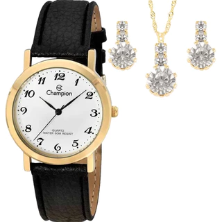 Kit Relógio Champion Feminino Com Pulseira Em Couro CH22162W