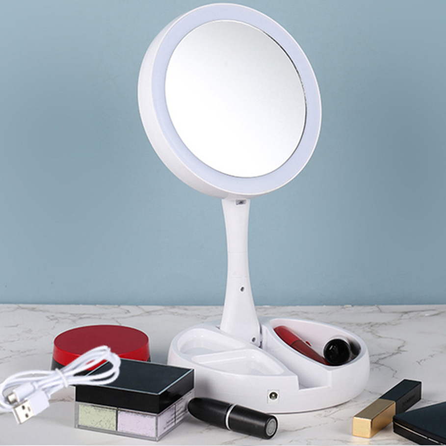 Espelho Luz Led Iluminador Mesa Maquiagem Portátil Pilha USB Aumento até 10X