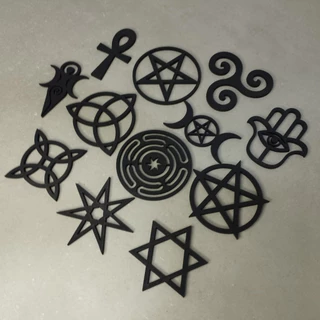 Kit 12 apliques Wicca de MDF cru 6cm e 10cm grimório paganismo deus deusa hecate triskle estrela penta strophalos pentagrama hamsa mao de fatima triqueta nó de bruxa triluna