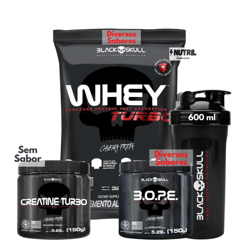 Kit Suplemento Black Skull – Whey Turbo 907g + Creatina Turbo 150g + Pré Treino B.O.P.E. ( Bope ) 150g + Coqueteleira