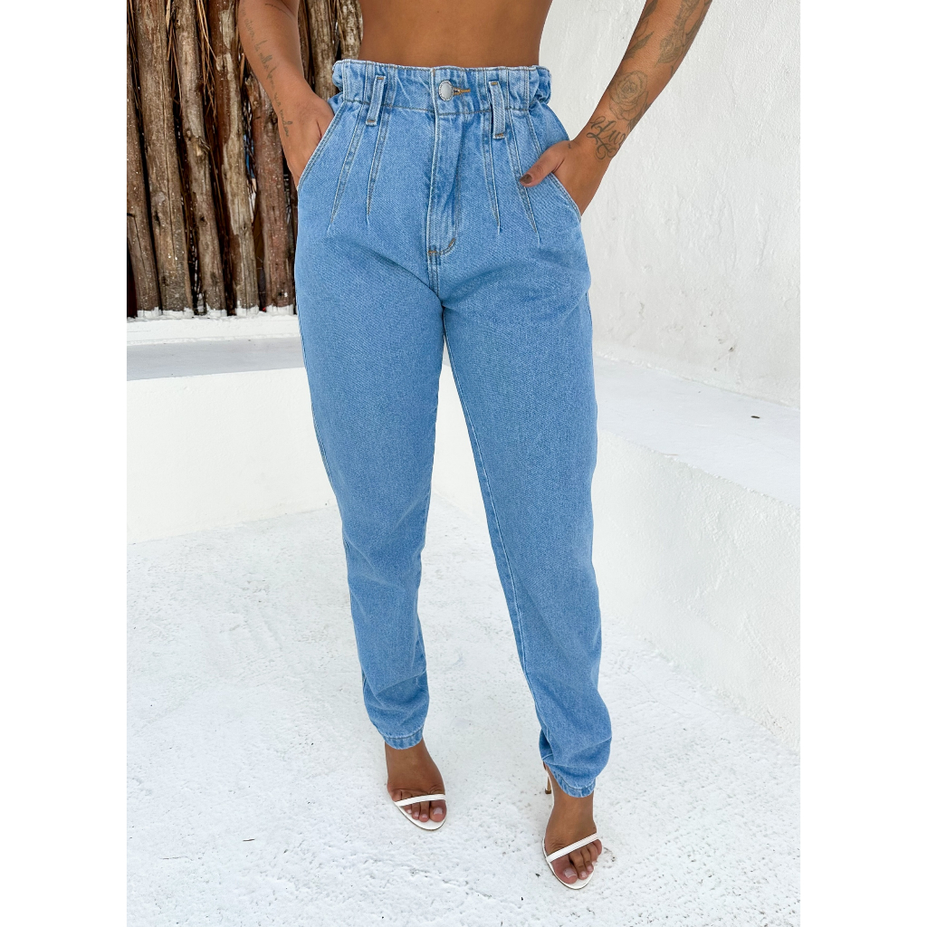 Calça Jeans Modelo Mon Com Elástico Na Cintura Lavagem Clara