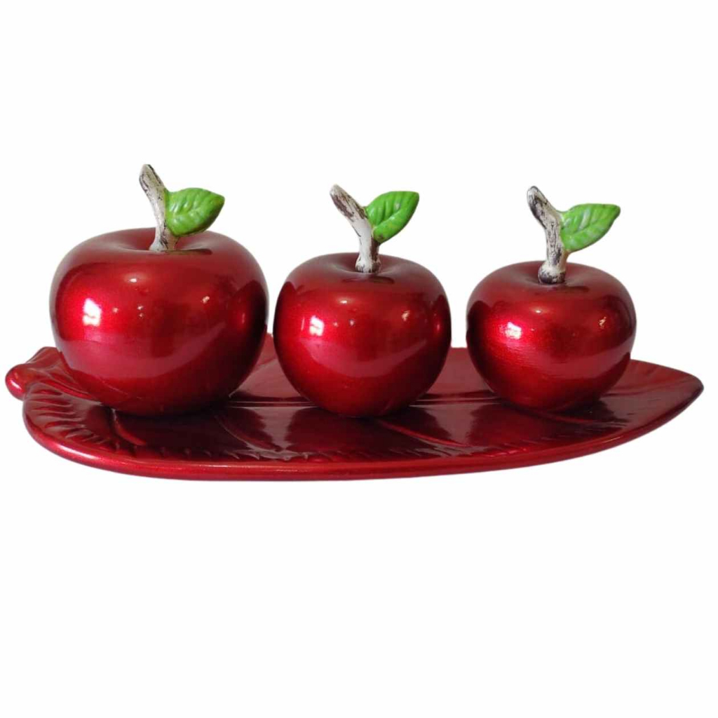 Enfeite Folha com Maçã Cerâmica Frutas Mesa Cozinha Decoração Sala Balcão Luxo