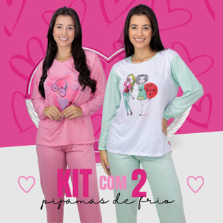 Kit 2 Pijama Longo Fechado Feminino Manga Comprida