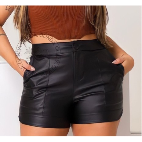 Short Couro Eco Feminino P ao G3 Couro Fake Sintetico Plus Size Courino Bolso Ziper e Botão