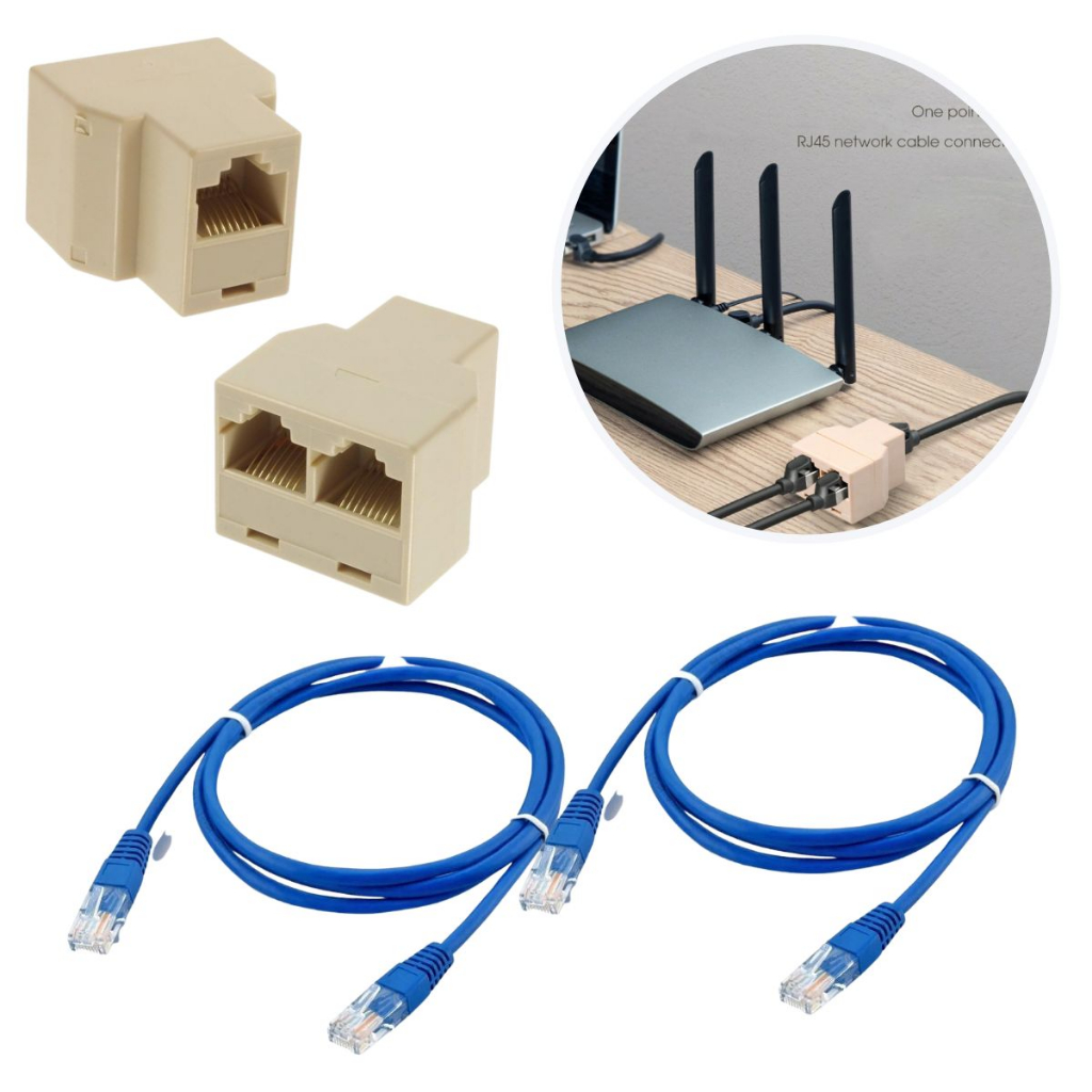 Adaptar Duplicador de Rede RJ45 LAN Internet + 2 Cabos de Rede 1 metro Kit  Combo