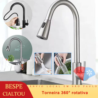 Torneira cozinha monocomando pull down com extensor arejador preta, aço escovado ou aço inox brilhoso