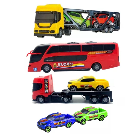 Caminhão Brinquedo Infantil Cegonha + Onibus + Reboque - Escorrega o Preço