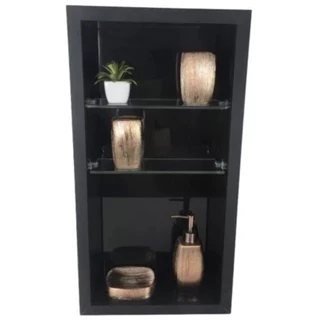 Nicho Em Porcelanato Vertical Preto Para Banheiro Com Prateleiras De Vidro