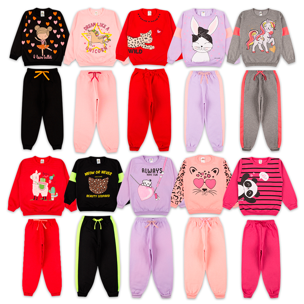 Kit Sortido 6 Peças de Roupas Feminino Infantil Inverno – 3 blusas casacos  + 3 calças de 1 ao 10 – Kit 3 Conjuntos Moletom Infantil Menina Inverno com  Calça e Casaco