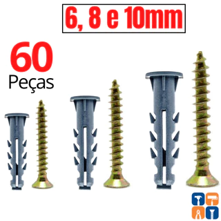 Kit Bucha com Parafuso 6 - 8 - 10 e Buchas com ou sem Anel Aba Fixação Kit Parafusos e Bucha 6mm 8mm 10mm