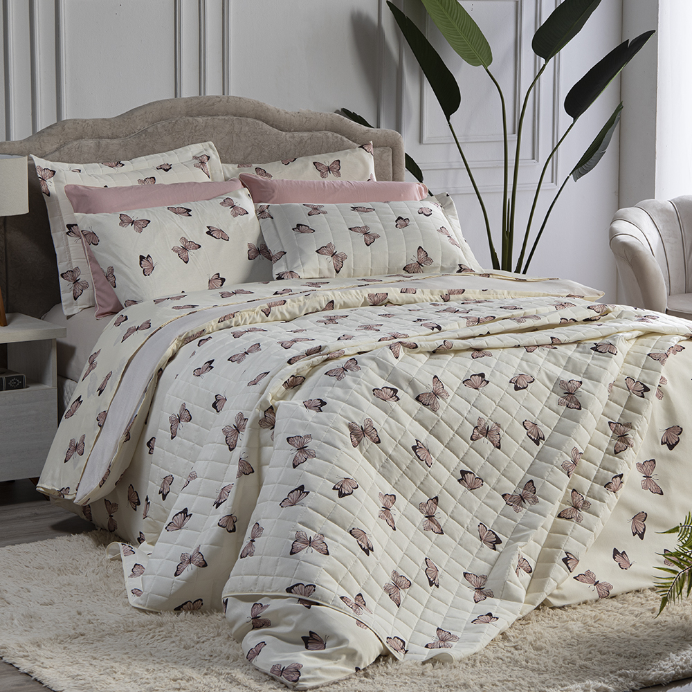 Kit Cobre Leito Borboletas Decoração Cama Casal/Queen 3 peças Clássica Sofisticada