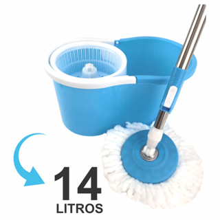 Mop Giratório Esfregão Cabo Inox Balde Cesto 14 Litros Limpeza Geral Limpador de Chão Piso Azul