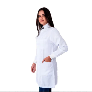 Jaleco Feminino Gabardine Branco, Botão Embutido, Gola Padre, Com Punho, Acinturado, Manga Longa