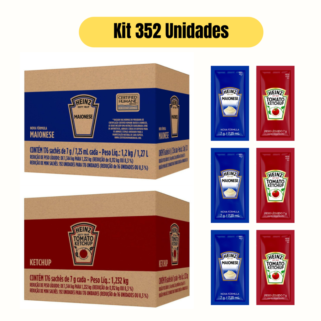 Kit Ketchup sache Heinz c/ 176 uni de 7g e Maionese sache Heinz c/ 176 ...