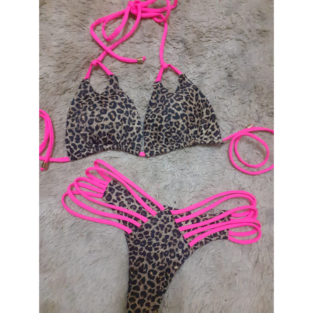 Leopard Print Color Block Neon Color Bikini Bandeau Tie Side - Temu