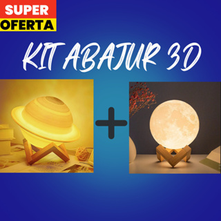 Kit 2 Abajur 3D Lua Cheia + Planeta Saturno Luminárias Realista Decoração