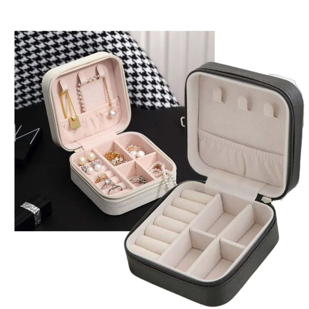 Porta Jóias Portátil Viagem Estojo Maleta Caixa Couro Zíper