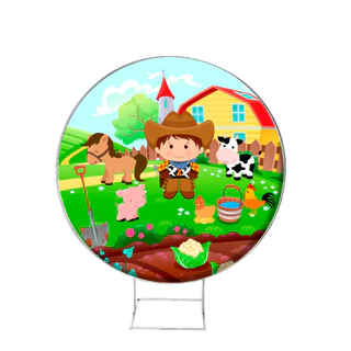 Painel Redondo Para Decoração De Festa Tema Fazendinha Sublimado Em Tecido Tamanhos De 1,00m X 1,00m, 1,20m X 1,20m, 1,50m X 1,50m, Sistema Veste Fácil Com Elástico, Prático De Usar.